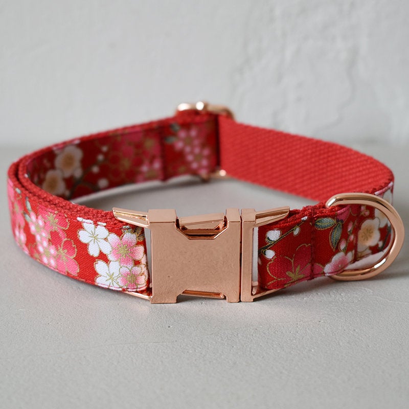 Personalised Red Floral Dog Collar Set