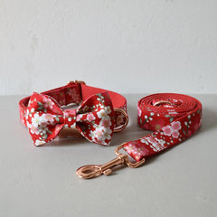 Personalized Red Floral Dog Collar Set