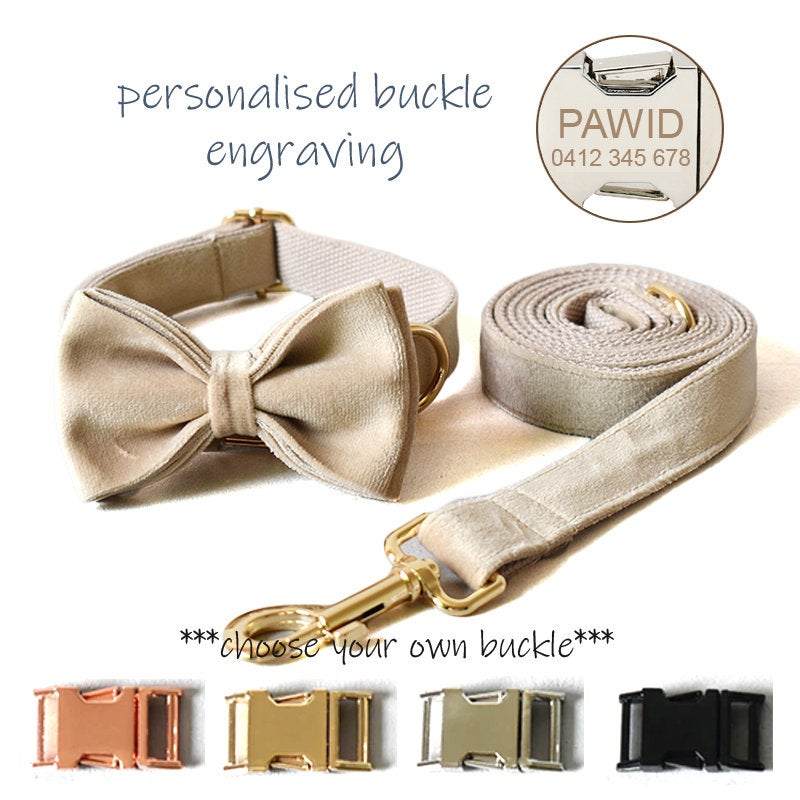 Thick Beige Velvet Dog Collar Bowtie Set