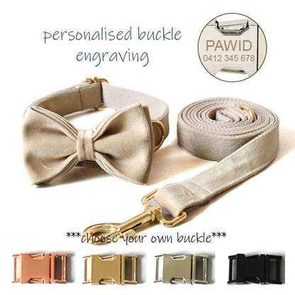 Thick Beige Velvet Dog Collar Bowtie Set