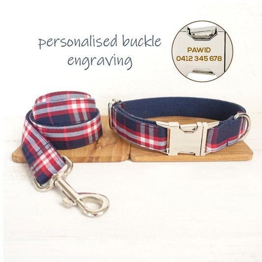 Personalised BLUE PLAID Dog Collar Set