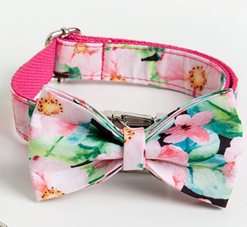 Floral Personalised Bow Tie Dog Collar Set