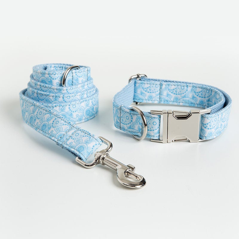 Handmade Blue Paisley Design Dog Collar Set