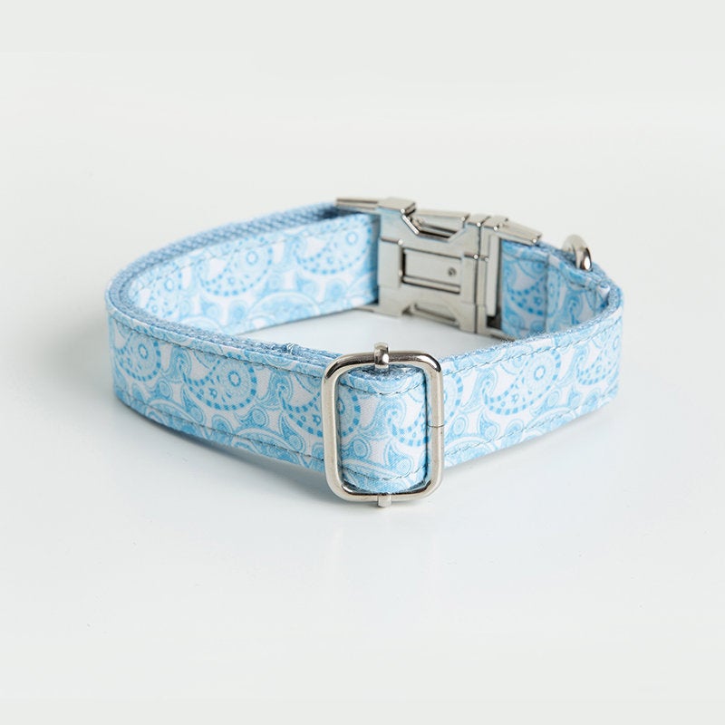 Handmade Blue Paisley Design Dog Collar Set