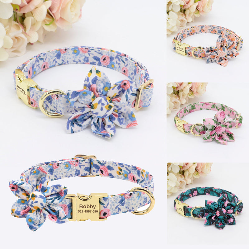 Laser Engraved Nylon Flower Dog Collar Set