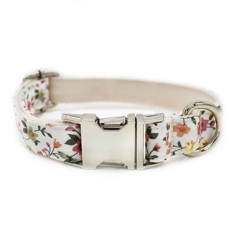 Personalize Engraved Handmade White Floral Dog Collar or Dog Collar and Lead Set