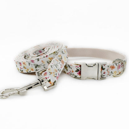 Personalize Engraved Handmade White Floral Dog Collar or Dog Collar and Lead Set