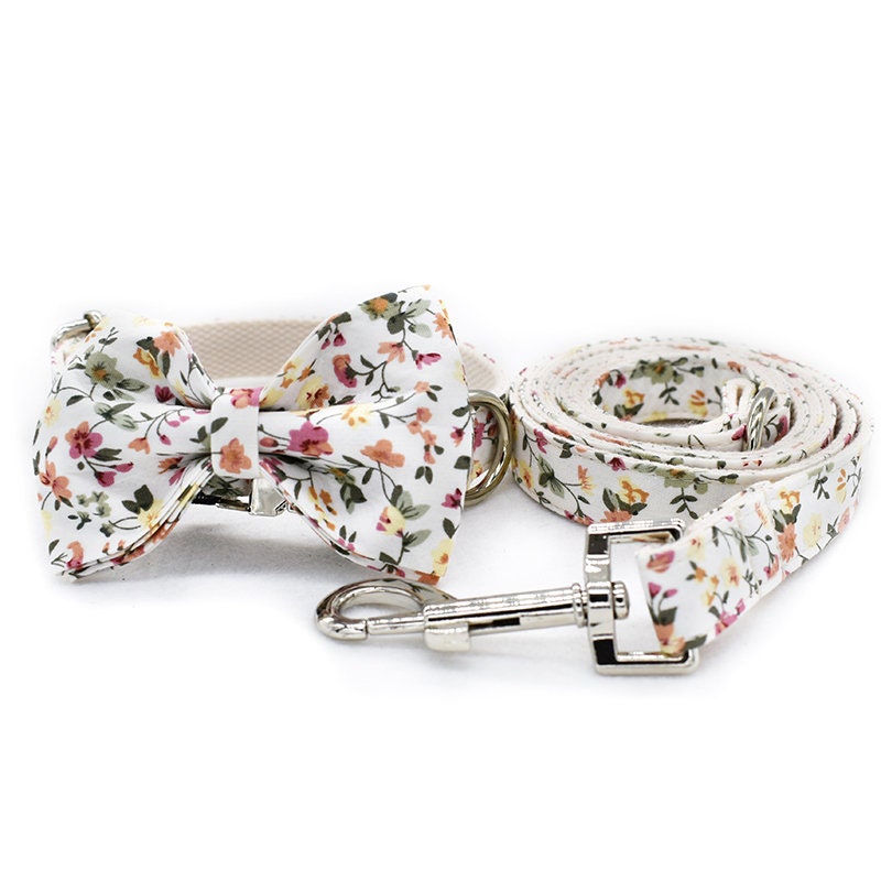 Personalize Engraved Handmade White Floral Dog Collar or Dog Collar and Lead Set