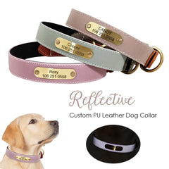 Reflective Engraved Leather Dog Collar