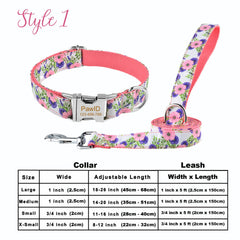 Free Engraving Floral Dog Collar Leash Set