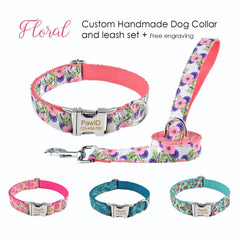 Free Engraving Floral Dog Collar Leash Set