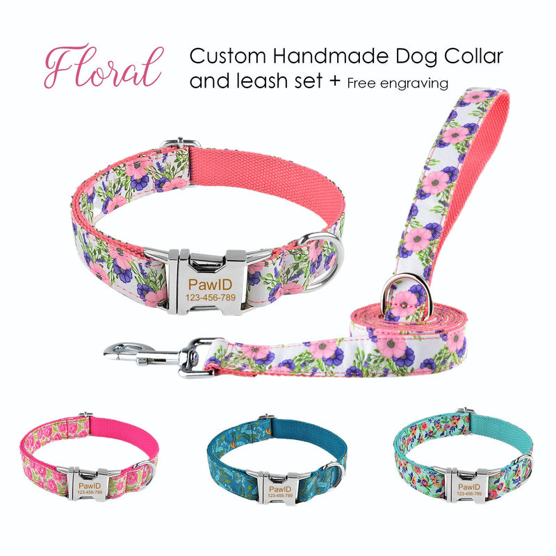 Free Engraving Floral Dog Collar Leash Set