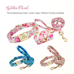 Custom Engraved Floral Dog Collar, Leash, Poop Bag
