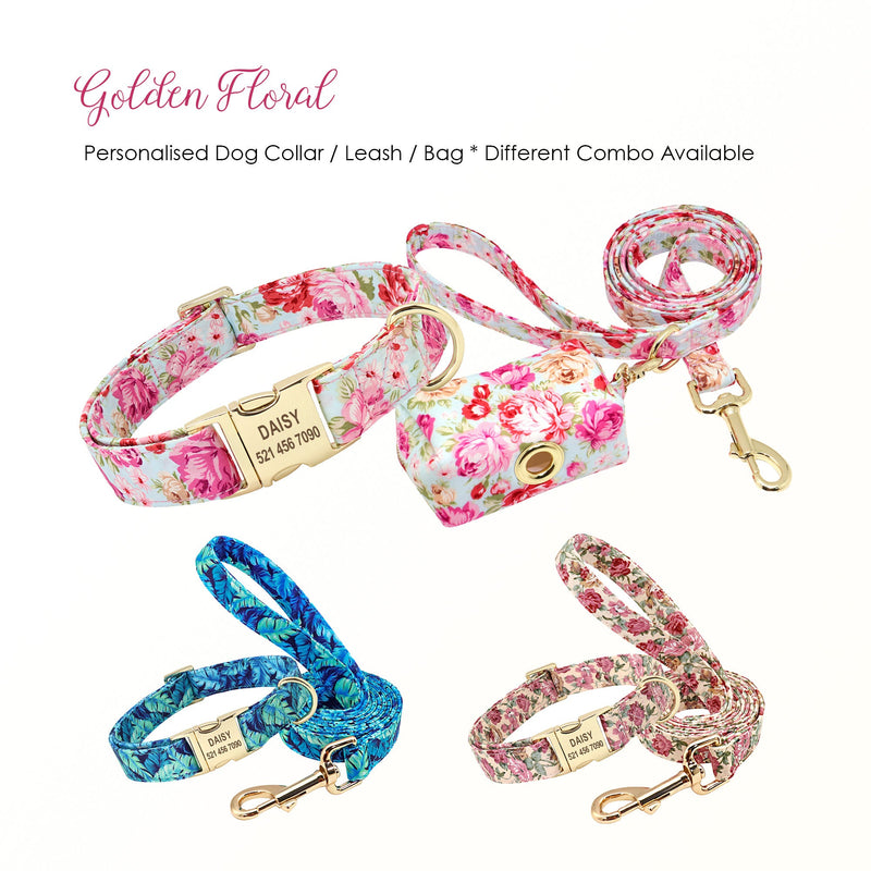 Custom Engraved Floral Dog Collar, Leash, Poop Bag