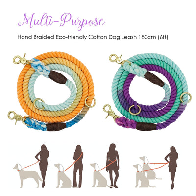 Braided Rope Dog Leash in Tie Dye Multi-purpose, 6ft/180cm, Hands free