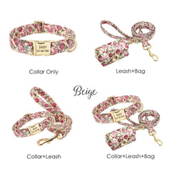 Custom Engraved Floral Dog Collar, Leash, Poop Bag