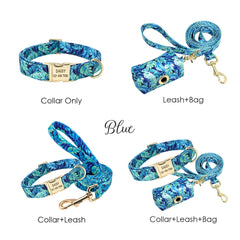 Custom Engraved Floral Dog Collar, Leash, Poop Bag