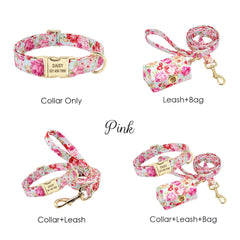 Custom Engraved Floral Dog Collar, Leash, Poop Bag