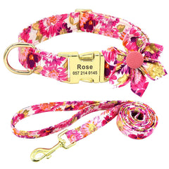 Pink Floral Autumn Dog Collar Leash Set with Bowtie and Harness