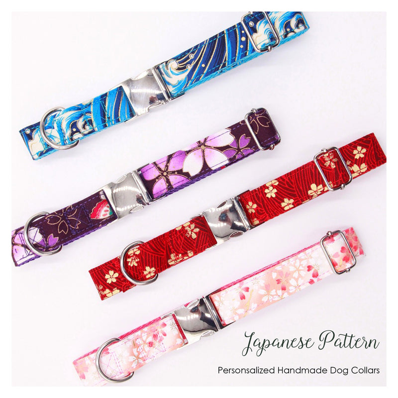 Personalized Engraved Handmade Dog Collar and Leash set, Matching Bowtie in Reb, Blue Pink Purple and Japan Pattern, Great for all Occasions