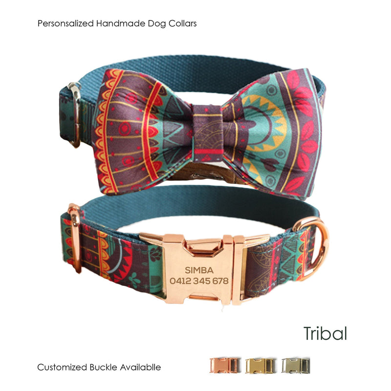 Engraved Tribal Bow Tie Dog Collar Set