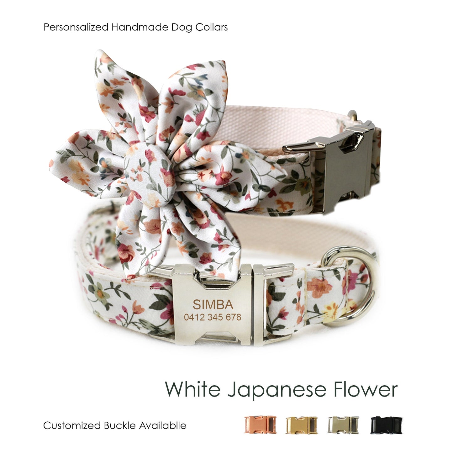 Personalize Engraved Handmade White Floral Dog Collar or Dog Collar and Lead Set