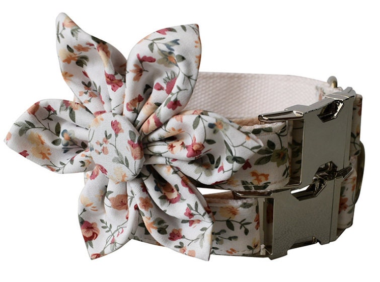 Personalize Engraved Handmade White Floral Dog Collar or Dog Collar and Lead Set