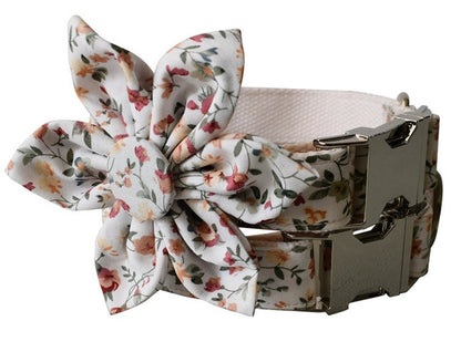 Personalize Engraved Handmade White Floral Dog Collar or Dog Collar and Lead Set
