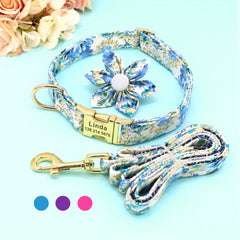 Cute Custom Engraved Floral Dog Collar Set