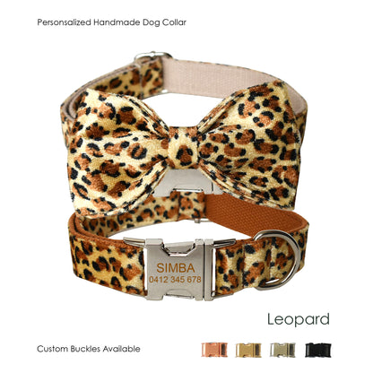 Personalised Leopard Print Bow Tie Dog Collar Set