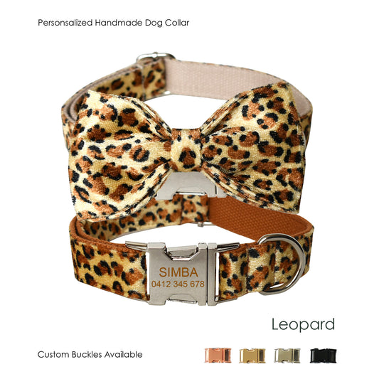 Personalised Leopard Print Bow Tie Dog Collar Set