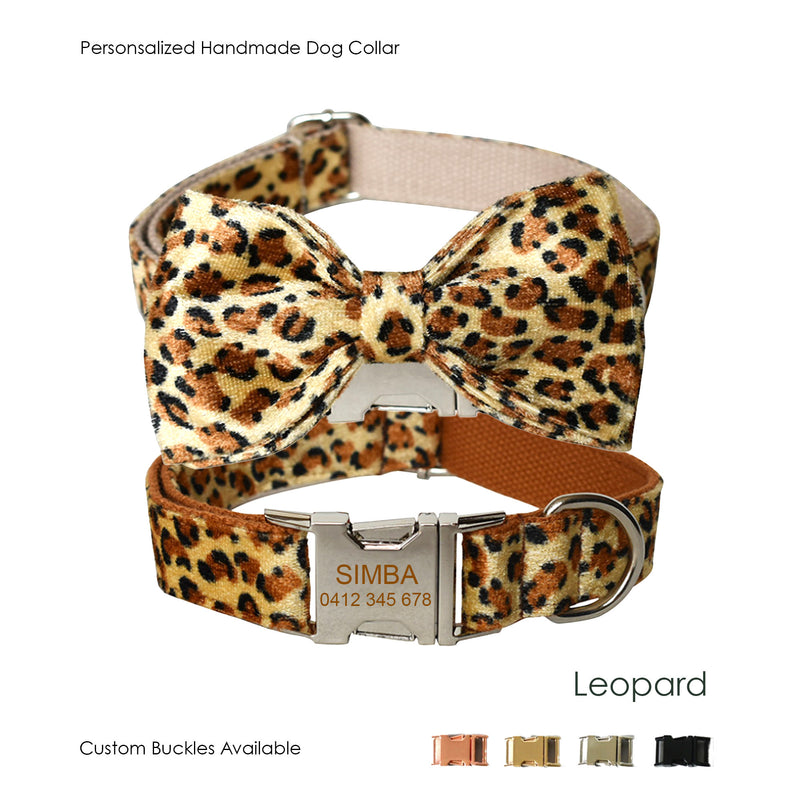 Personalized Leopard Print  Bow Tie Dog Collar Set