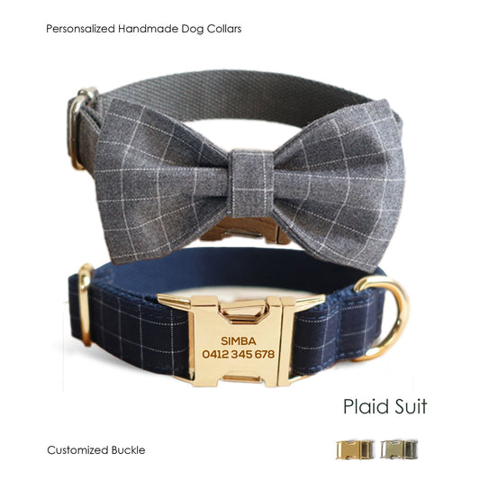 BLUE GREY PLAID Personalised Dog Collar Set