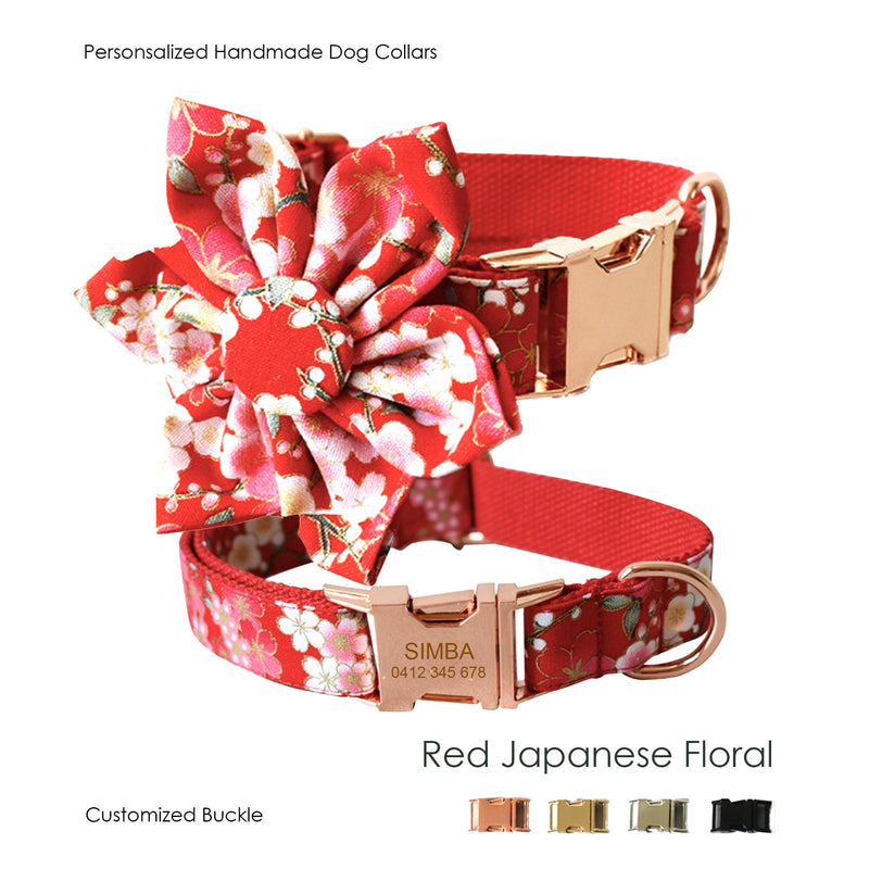 Personalized Red Floral Dog Collar Set