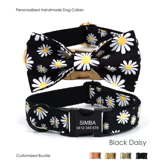 Bow Tie Personalised Black Daisy Dog Collar Set