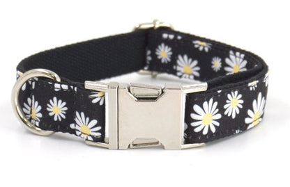 Bow Tie Personalised Black Daisy Dog Collar Set