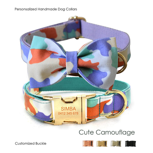 Personalised Camouflage Bow Tie Dog Collar Set
