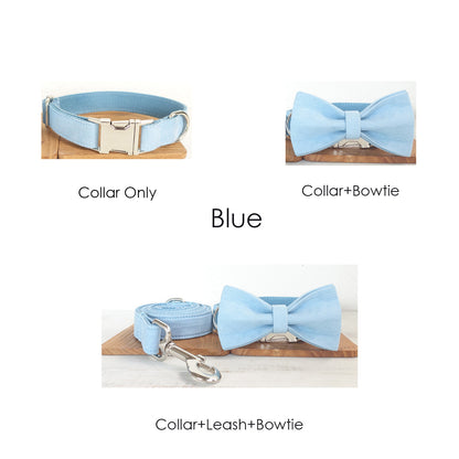 Velvet Plain Engraved Bow Tie Dog Collar Set