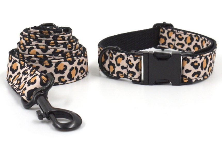 Personalised Brown Leopard Dog Collar or Dog Collar and Lead, Harness Set