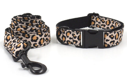 Personalised Brown Leopard Dog Collar or Dog Collar and Lead, Harness Set