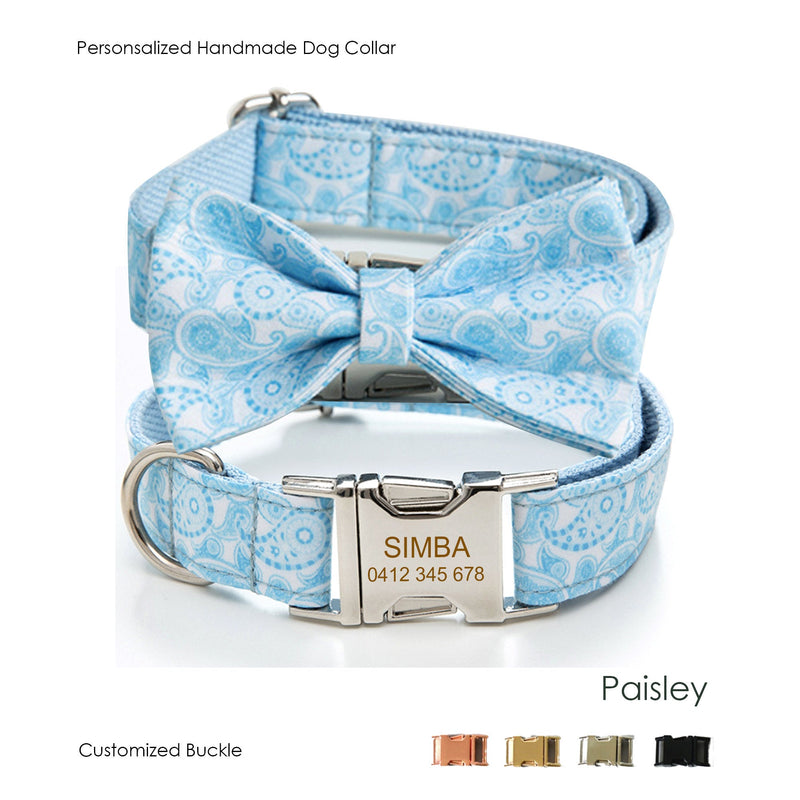 Handmade Blue Paisley Design Dog Collar Set