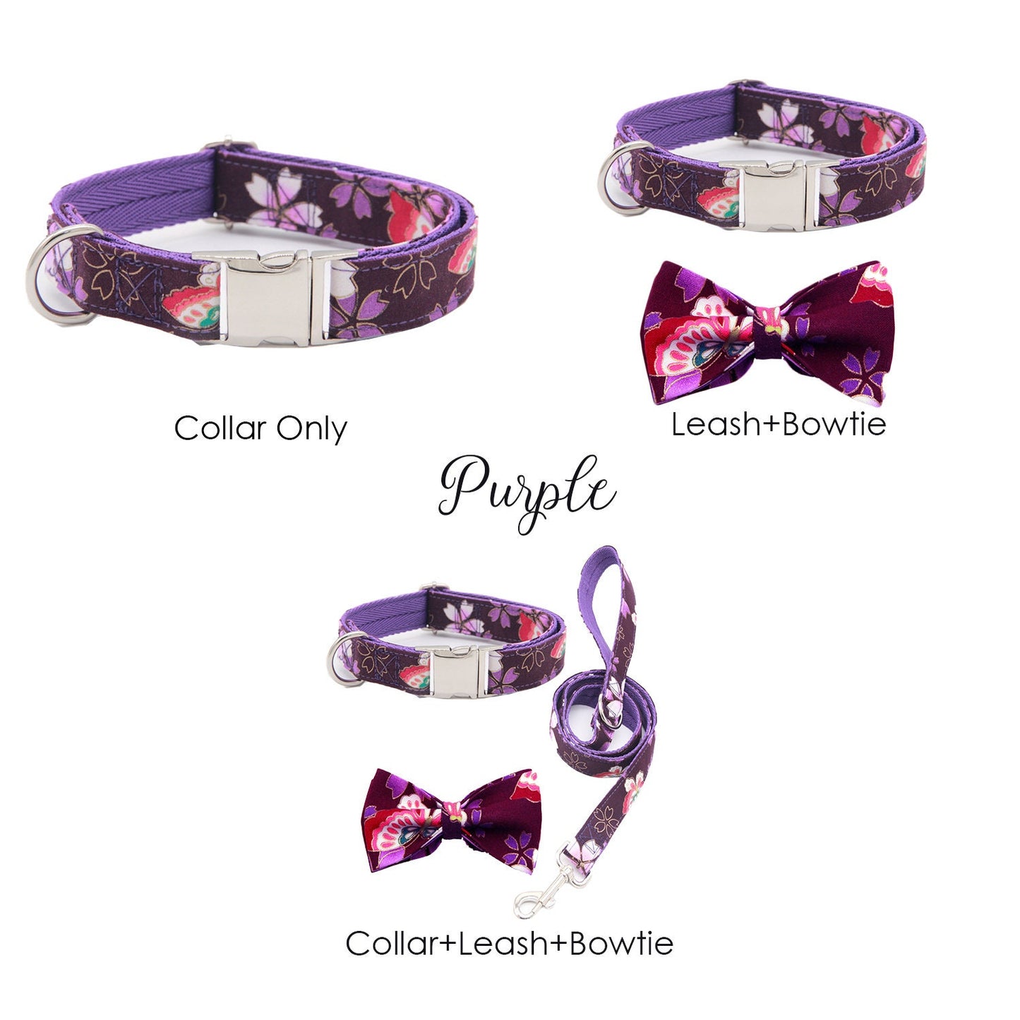 Personalised Dog Collar and Leash set, Matching Bowtie in Reb, Blue Pink Purple and Japan Pattern, Great for all Occasions