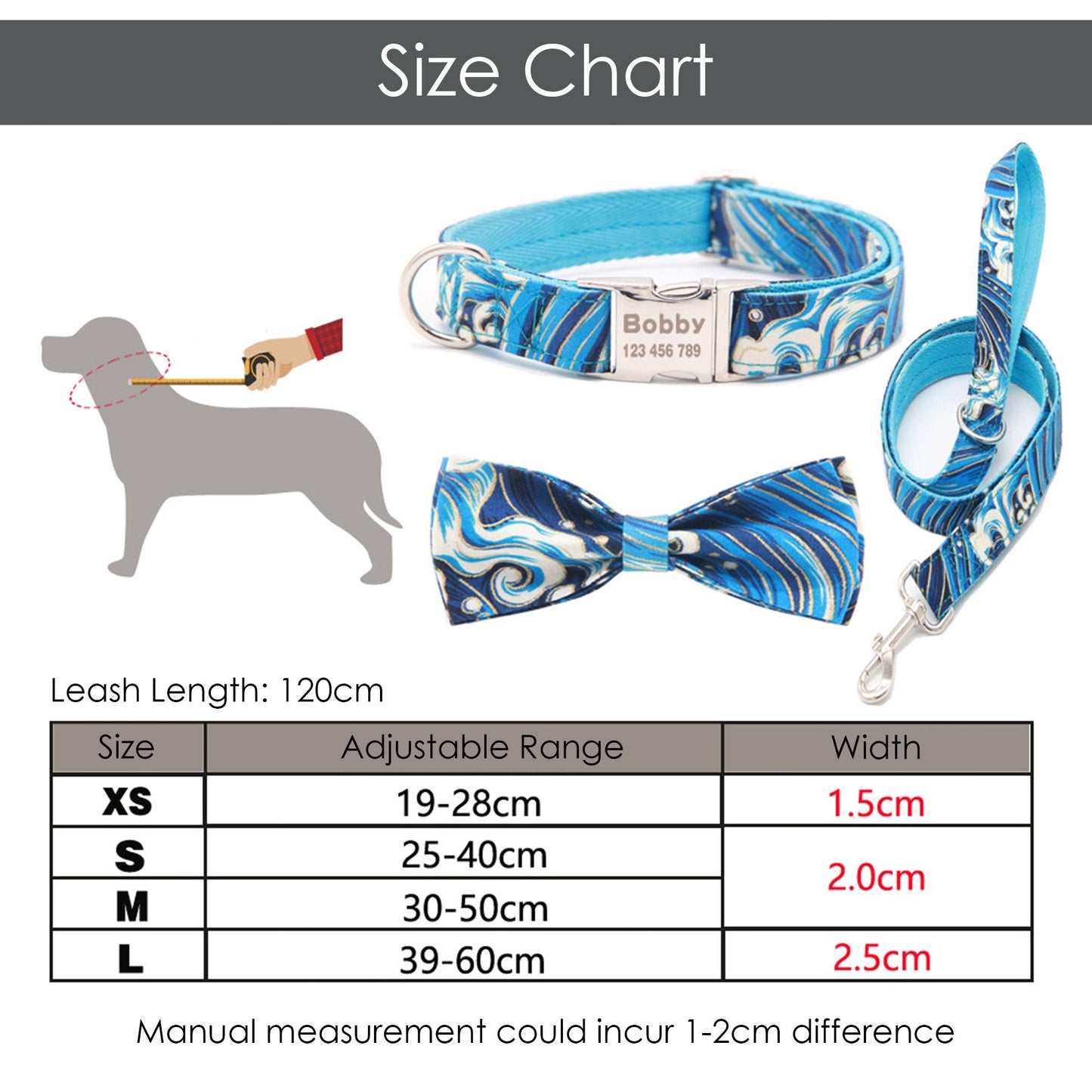 Personalised Dog Collar and Leash set, Matching Bowtie in Reb, Blue Pink Purple and Japan Pattern, Great for all Occasions