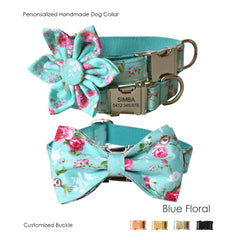 Engraved Pet ID Floral Pattern Dog Collar Set