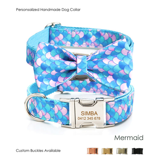 Personalised Mermaid Bow Tie Dog Collar Set