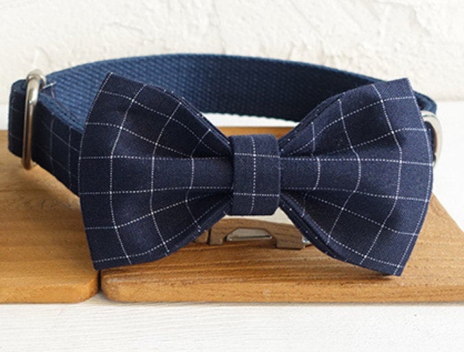 BLUE GREY PLAID Personalised Dog Collar Set