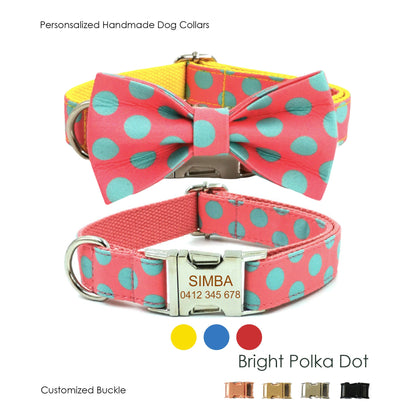 Polka Dot Personalised Dog Collar Bow Tie Set