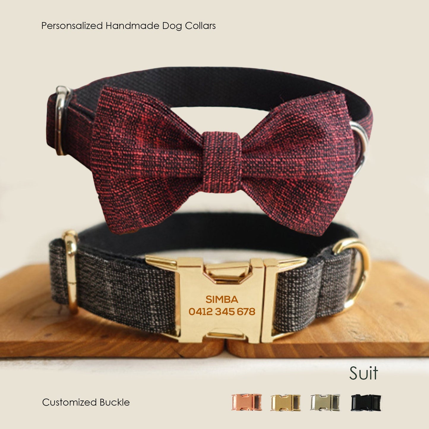 Personalised Bow Tie BLACK/RED SUIT Dog Collar Set