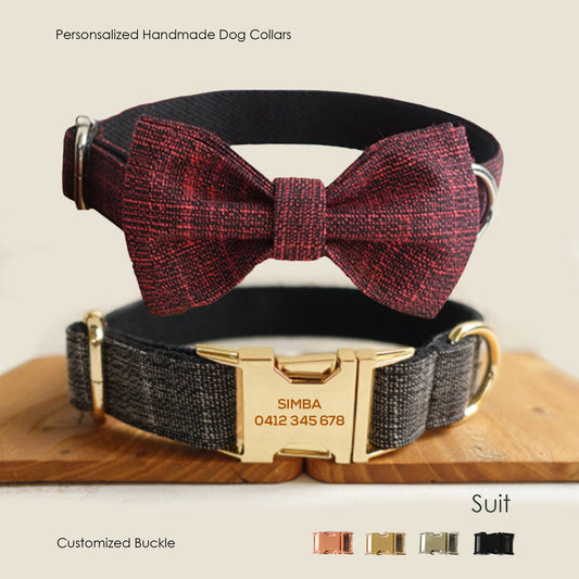 Personalised Bow Tie BLACK/RED SUIT Dog Collar Set