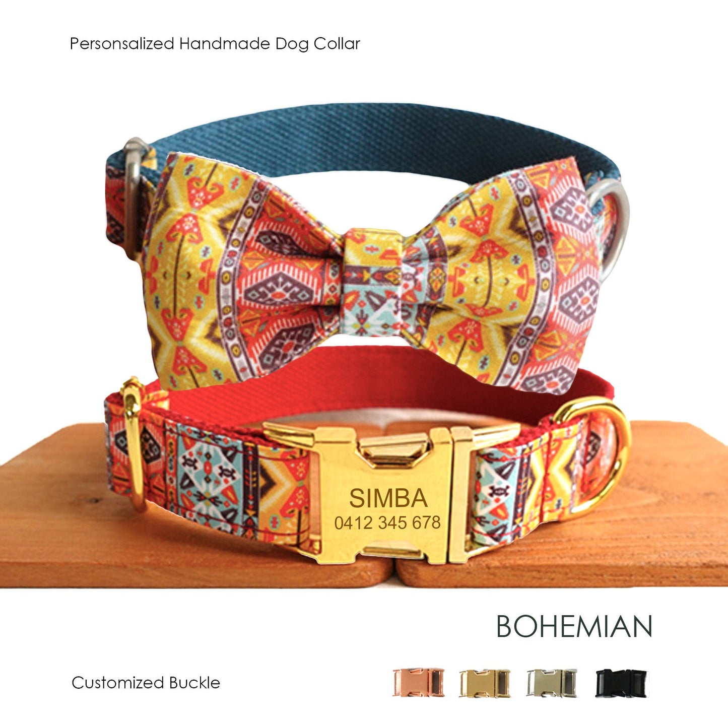 Bohemian Personalised Bow Tie Dog Collar Set
